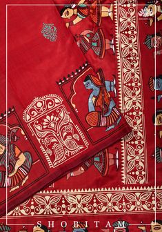 The base for this Patachitra is a pure Katan silk in Red and White.Patachitra, based in the Eastern states of Odisha and West Bengal, is a unique folk tradition of visual storytelling known for its intricate and detailed mythological narratives. 'Patta' meaning cloth and 'Chitra' meaning picture, Pattachitra is an old mural art of Odia paintings. It is a vibrant and fine display of Indian craftsmanship. The saree is ready to wear with falls, pico and tassels. SILK MARK CERTIFIED Note:Product col West Bengal Saree, Patachitra Paintings Saree, Patachitra Paintings Folk, Bengal Art Paintings, Patachitra Paintings Design, Pattachitra Art Paintings, Pattachitra Design, Pattachitra Paintings Odisha, Indian Art Paintings Traditional