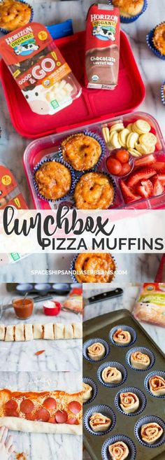 lunch box pizza muffins with bacon and tomato on top, an assortment of other snacks in the background