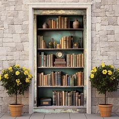 an open bookcase with books and flowers in front of it