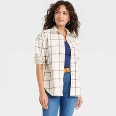 Universal Thread Long-Sleeve Button-Down Shirt Woven Flannel Fabric Collared Neckline, Chest Pocket Oversized Fit Below-Hip Length This Long-Sleeve Flannel Button-Down Shirt From Universal Thread Fashioned In An Oversized Fit Makes A Cozy And Comfortable Pick For Relaxed Daytime Wear. It Features A Pointed Collared Neckline With A Button-Front Design And A Chest Patch Pocket For Classic Style. Wear Alone Or Unbuttoned Over A T-Shirt With Jeans, Leggings Or Ankle Pants To Suit A Range Of Occasions. Sizing: Womens Material: 70% Cotton, 30% Recycled Cotton Fit: Oversized Length: Below Hip Garment Style: Long Sleeve, Front Button Down Fabric Name: Flannel, Woven Neckline: Pointe Oversized Button Down Shirt, Long Sleeve Flannel, Fabric Collars, Plaid Tops, Flannel Fabric, Womens Clothing Sizes, Universal Thread, White Plaid, Blue Cream