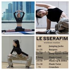 a woman doing yoga poses in front of a cityscape with the words les sefraim workout routine