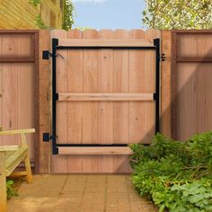 a wooden gate is opened to reveal a garden area with benches and plants in the foreground