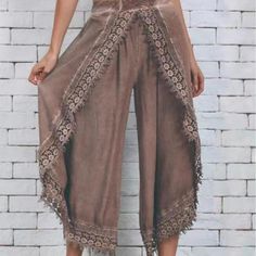 Bohemian Yoga Style Pants By Jinbolai Fashion Boutiques. Elastic Pull On. Thicker Stitching Lace Pattern Details. Semi Capri Wear. Shin Open Slits. No Pockets. Cotton Blend. Retails $75-$145. New!! In Packaging. 11" Rise, 21" Length And 12" Waist. Small Boutique Sizing. Brown Color. Other Colors Available In Boutique/ Closet. Shown For Fit Only. Loose Cotton Pants, Summer Trousers, English Style, Trouser Pants Women, Pantalon Large, Lace Panelled, Estilo Boho, Aaliyah, Cotton Pants