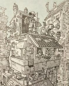 this is a drawing of people on top of a house in the middle of a city