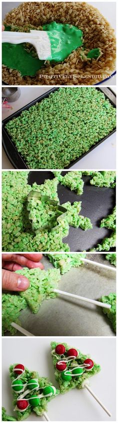 some food is being made to look like christmas trees and snowflakes on sticks