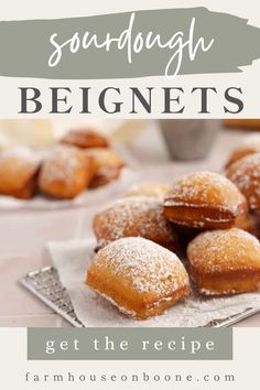 some doughnuts are sitting on top of a napkin with the words, sourdough beignets get there