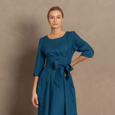 📏 FIT Miley dress features a relaxed fit that is perfect for a casual look. The obi belt included with the dress allows you to define your waist, creating an hourglass figure. Please note, the garment naturally softens and relaxes as you wear it throughout the day. This style is ideal for apple, rectangular, or pear-shaped figures. 👉Model wears Cobalt Blue color. Model is 176cm/5'9" tall and wears a size S; Bust 85cm / 33.5"; Waist 66cm / 26"; Hips: 92cm / 36.2". We have the same style with di Blue Belted Dress For Work, Blue Belted A-line Midi Dress, Midi Length Tie Back Dress For Work, Casual Summer Dress With Belt, Chic Blue Belted Dresses, Casual Blue Dresses With Tie Fastening, Casual Relaxed Fit Belted Dress, Casual Blue Dress With Tie Fastening, Casual Knee-length Belted Dress