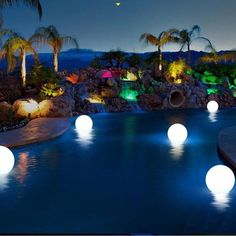 Floating Ball Lights-ToShay.org Swimming Pool Floats, String Ball Lights, Garden Balls, Floating Garden, Underwater Lights, Plastic Lights, Backyard Pool Designs, Solar String Lights, Outdoor Event