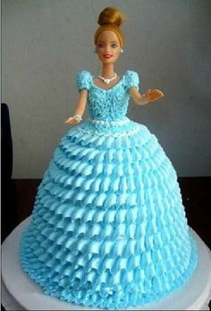 a cake made to look like a blue dress with ruffles on the skirt