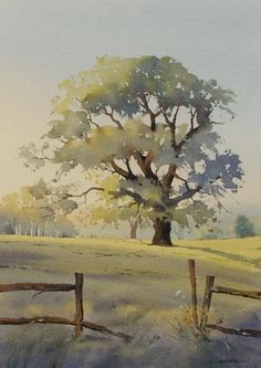 a painting of a tree in the middle of a field with a fence around it