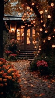 a house with lots of lights hanging from it's front door and flowers in the yard