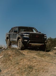 a black truck is parked on the side of a hill with grass and bushes around it