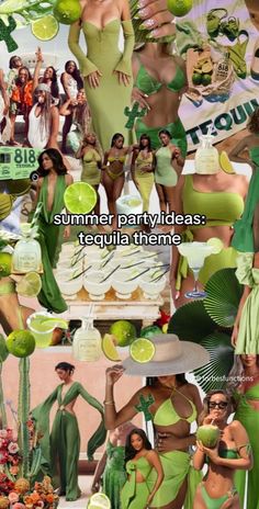 a collage of green and white pictures with women in bikinis, hats, and cocktail glasses