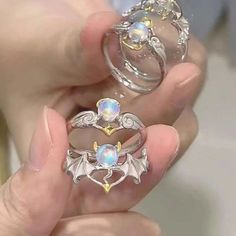 Creative Moonstone Inlay Rings New Style Light Luxury Niche Women Opening Adjustable Ring For 천사와 악마, Ring Party Jewelry, Demon Wings, Couple Style, Trendy Ring, Rhinestone Ring, Angels And Demons, Wedding Band Sets, Matching Rings