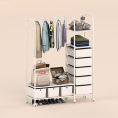 an image of a closet with clothes and shoes on it's shelves, next to a shoe rack