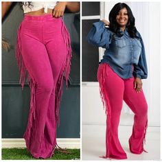 High Waist Fringe Detail Great Stretch Pink Non-stretch Bottoms For Fall, Non-stretch Pink Bottoms For Fall, Pants Western, Fringe Pants, Pants Color, Pant Jumpsuit, Pink Ladies, Hot Pink, High Waist