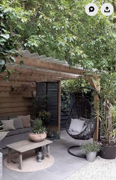 an outdoor area with plants and furniture