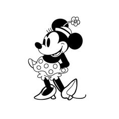 a black and white mickey mouse with polka dots on it's skirt, holding a flower