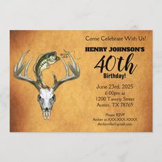 a birthday party card with an image of a deer skull and antlers