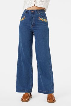 Floral embroidered straight leg jean, featuring gorgeous hand painted nasturtium flowers - Nasturtim mbroidery along front pockets and back yoke- high waisted style- relaxed fit through the leg- front fly with button closure- curved front pockets- patch pockets on back - comfortable cotton elastane denim- available in mid denim Product Code: PGFY272 Embroidered Mid-rise Flare Jeans For Fall, Mid-rise Embroidered Flare Jeans For Fall, Embroidered Denim Blue Pants, Fall Embroidered Denim Flare Jeans, Embroidered Denim Flare Jeans For Fall, Denim Blue Floral Embroidery Wide Leg Jeans, Wide Leg Denim Blue Jeans With Floral Embroidery, Embroidered Dark Wash Mid-rise Bottoms, Embroidered Mid-rise Dark Wash Bottoms