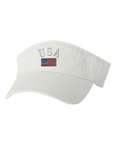 a white usa visor with the american flag embroidered on it's front side