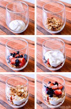 four pictures of yogurt, granola and berries in a glass bowl on a wooden table