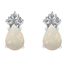 7x5mm pear shape opal with diamond accents rhodium over 14k white gold stud earrings. Measures approximately 0.60" L x 0.20" W and have post with friction backings. Fine Jewelry Pear-shaped Multi-stone, White Pear-shaped Opal Jewelry, White Pear-shaped Jewelry With Prong Setting, Pear-shaped Multi-stone Formal Jewelry, Pear-shaped Multi-stone White Gold Jewelry, Pear-shaped Opal Jewelry For Formal Occasions, Formal Opal Pear-shaped Jewelry, Pear-shaped Jewelry With Gemstone Accents, Formal Pear-shaped Opal Jewelry