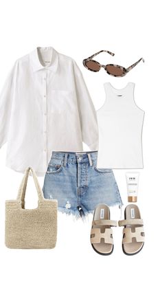 White Shirt Jean Shorts, Crochet Bag White, White Sandals Outfit, Sandals Outfit Summer, Jean Short Outfits, Beige Sandals, Classic Style Outfits, Summer Shorts Outfits, Shorts Fashion