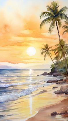 an oil painting of palm trees on the beach at sunset with waves coming in from the ocean