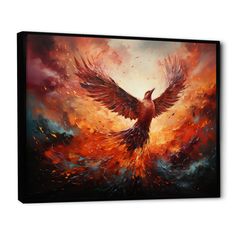 a painting of a bird flying through the air with its wings spread out in front of it