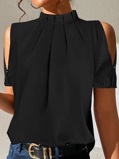 SkuCY-!153418MaterialPolyester , >50%Cotton StyleLoose , Short Sleeves FeaturePleated , Hollow , Split-joint , Solid Color NecklineCold shoulder , Stand Collar OccasionCasual , Office , Urban SeasonsSpring , Summer , Autumn TypeBlouses ColorBLACKSizeS,M,L,XL,2XL Please consult the size chart we provide for this item's measurements to help you decide which size to buy.Please note: There may be 1-3cm differ due to manual measurement.CMINCHBustSleeveLengthS942164M982265L1022366XL10624672XL1102568 Stand Collar Blouse, Blouse Size Chart, Ladies Tops Blouses, Pleat Top, Elegant Skirt, Plain Tops, Collar Tshirt, Collar Blouse, Outfit Casual