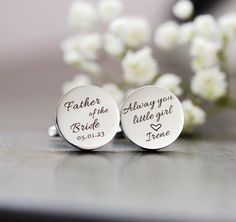 "Father of the Bride Cufflinks * Size of each cufflink is approx 18mm * Stainless steel * Lightweight and fun to wear! Click \"Add to Cart\" and follow these steps: In the note to the seller at the checkout, please, indicate CLEARLY the Initials, Name, Word or Numbers you want.  Ideas include your home town, place you were married, where you got engaged, a vacation spot you love, where your children were born...the options are endless. Here's a website to find your special place, whether it be a favorite travel spot, your wedding location, your first home, or your child's birth place:  https://www.latlong.net/" Silver Wedding Cufflinks Gift, Silver Cufflinks For Wedding Gift, Wedding Engraved Cufflinks For Father's Day, Personalized Cufflinks For Wedding And Father's Day, Father's Day Personalized Cufflinks, Personalized Adjustable Cufflinks For Father's Day, White Cufflinks For Wedding And Father's Day, White Cufflinks For Father's Day Gift, Father's Day White Cufflinks Gift