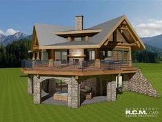 this is an artist's rendering of a house in the mountains with stone and wood accents