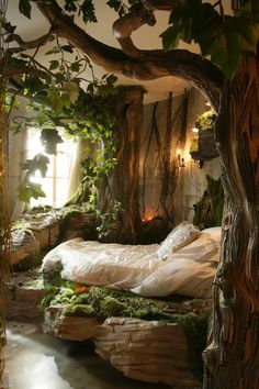 a bed made out of logs and plants in a room with lights coming from the windows