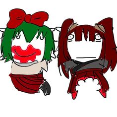 two cartoon characters one with green hair and the other with red eyes, both wearing bows