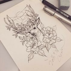 a drawing of a deer with flowers on it