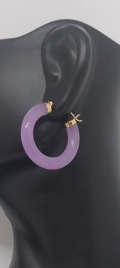 LAVENDER Jade Hoop Earrings in 14K Yellow Gold. 24 millimeters. Purple Jade 14k Yellow Gold Hoop Earring. Lavender JADE Lover. Product Info: -Earring diameter: 24 millimeters -Metal: 14K. -Stone: Lavender Jade. -Colors: Purple. -Finish: 14k Yellow gold. -Stone dimension: 4mm -Nice Gift box is included. Purple Jade Jewelry, Elegant Purple Hoop Earrings, Purple Hoop Jewelry, Elegant Purple Round Hoop Earrings, Jade Jewellery, Gold Hoop Earring, Lavender Jade, Purple Jade, Colors Purple