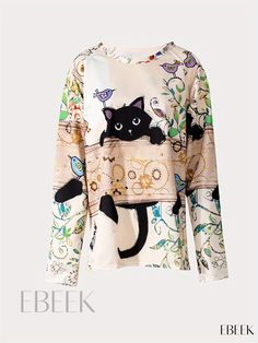 Ebeek - Womens Casual Long Sleeve Crew Neck Sweatshirt With Adorable Cat & Plant Prints - A Fashionable Addition to Your Wardrobe Casual Long Sleeve Tops With Cat Design, Casual Long Sleeve Top With Cat Print, Spring Long Sleeve Tops With Cat Design, White Long Sleeve Top With Cat Design, Plant Prints, Cat Plants, Boho Fabric, Plant Print, Womens Casual