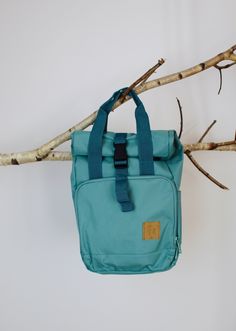 a blue bag hanging from a tree branch with no leaves on it and the bottom part of the bag is empty