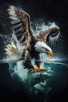 an eagle is flying over a fish in the water with it's wings spread