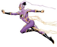 a woman in a purple costume is running with her arms out and legs spread wide