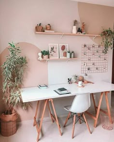 a white desk with two chairs next to it and plants on the shelves above them