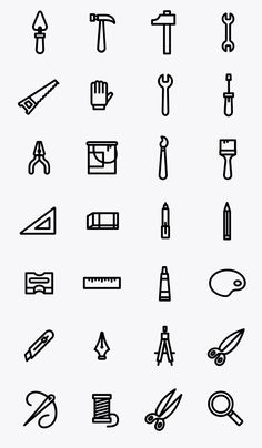 different types of tools are shown in black and white, as well as an arrow