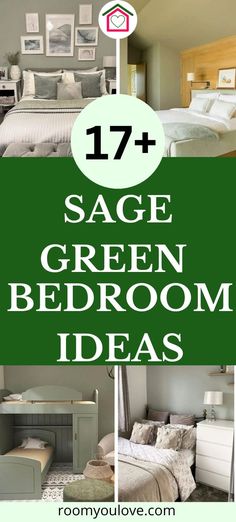 green bedroom decor with white bedding and pictures on the wall above it that says 17 sage green bedroom ideas