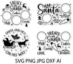 four christmas svg designs with santa and his sleigh