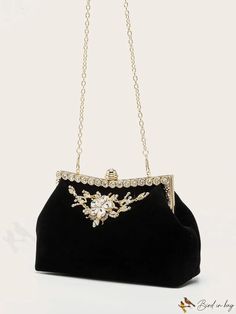 BirdinBag - Bolso con cadena de terciopelo adornado con pedrería: bolso de novia ideal para bodas, bailes de graduación y fiestas Purse For Wedding, Bridal Purse, Rhinestone Chain, Inch Bag, Chain Bag, Prom Party, Chain Bags, Chain Styles, Evening Bags