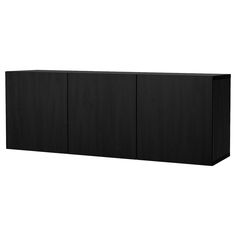 a black cabinet with three doors on the front and one door open to reveal something