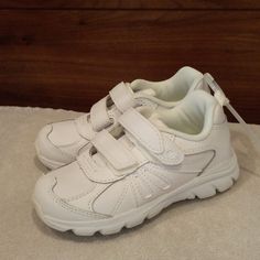 Brand New No Box Slip-resistant Round Toe Sneakers For Playtime, White Slip-resistant Sneakers For Playtime, Casual Slip-on Sneakers For Daycare, School Sneakers With Soft Sole And Closed Toe, Soft Sole Closed Toe Sneakers For School, Closed Toe Sneakers With Soft Sole For School, Leather Closed Toe Sneakers For Playtime, Toddler Boy Sneakers, Wide Sneakers