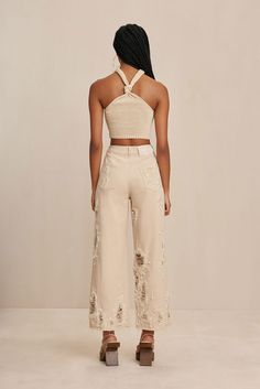 DENA PANT - BEACH – CULT GAIA Cult Gaia, Soft Girl, High Waisted Denim, Raw Edge, Hand Embroidered, The Hamptons, Straight Leg, High Waisted, Zipper