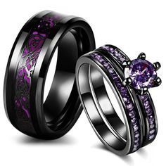 two wedding rings with purple and black diamonds on the sides, one has an amethoraite stone